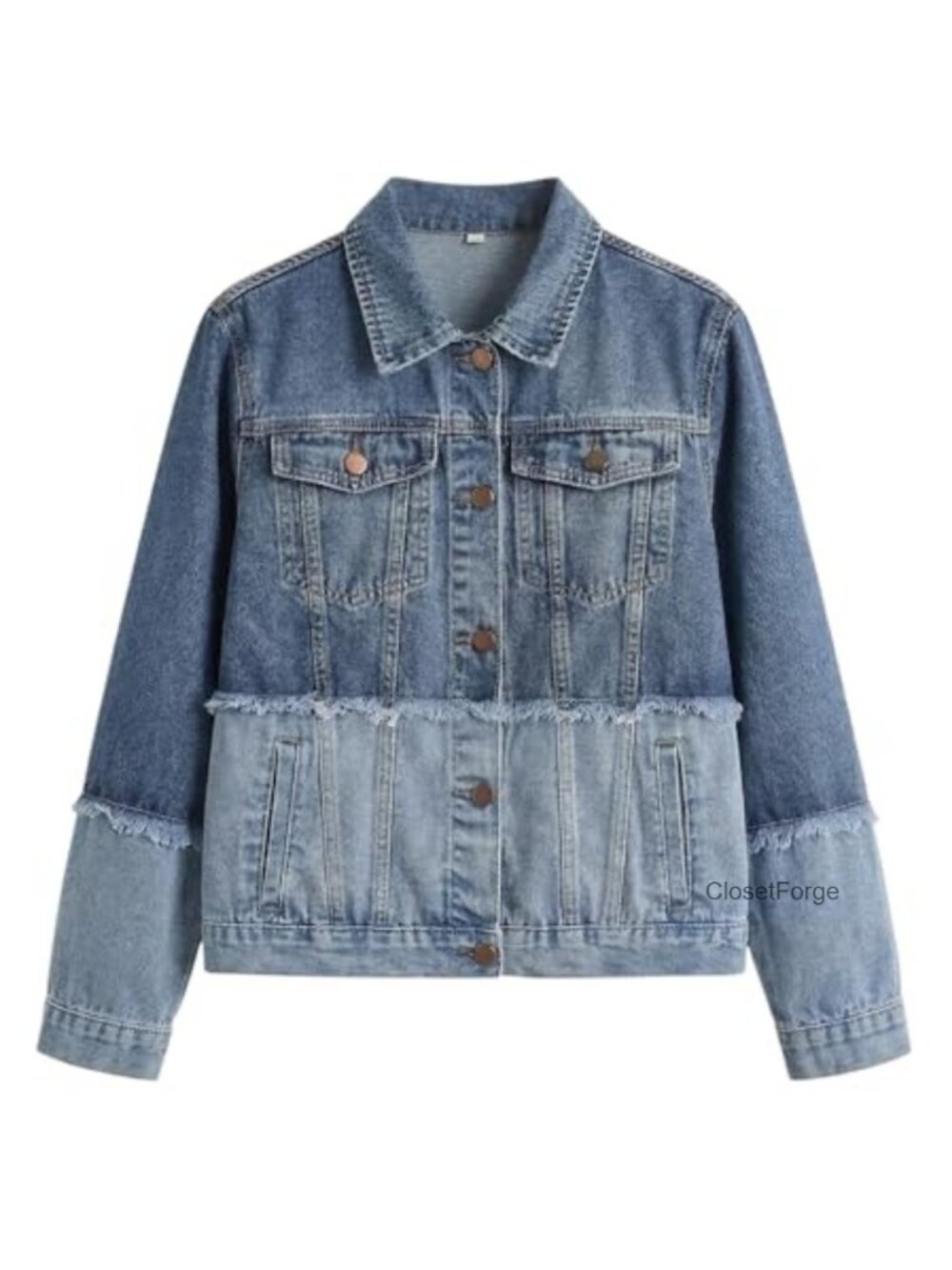 2 Tone Raw Edge Denim Jean Jacket Button Down Long Sleeve